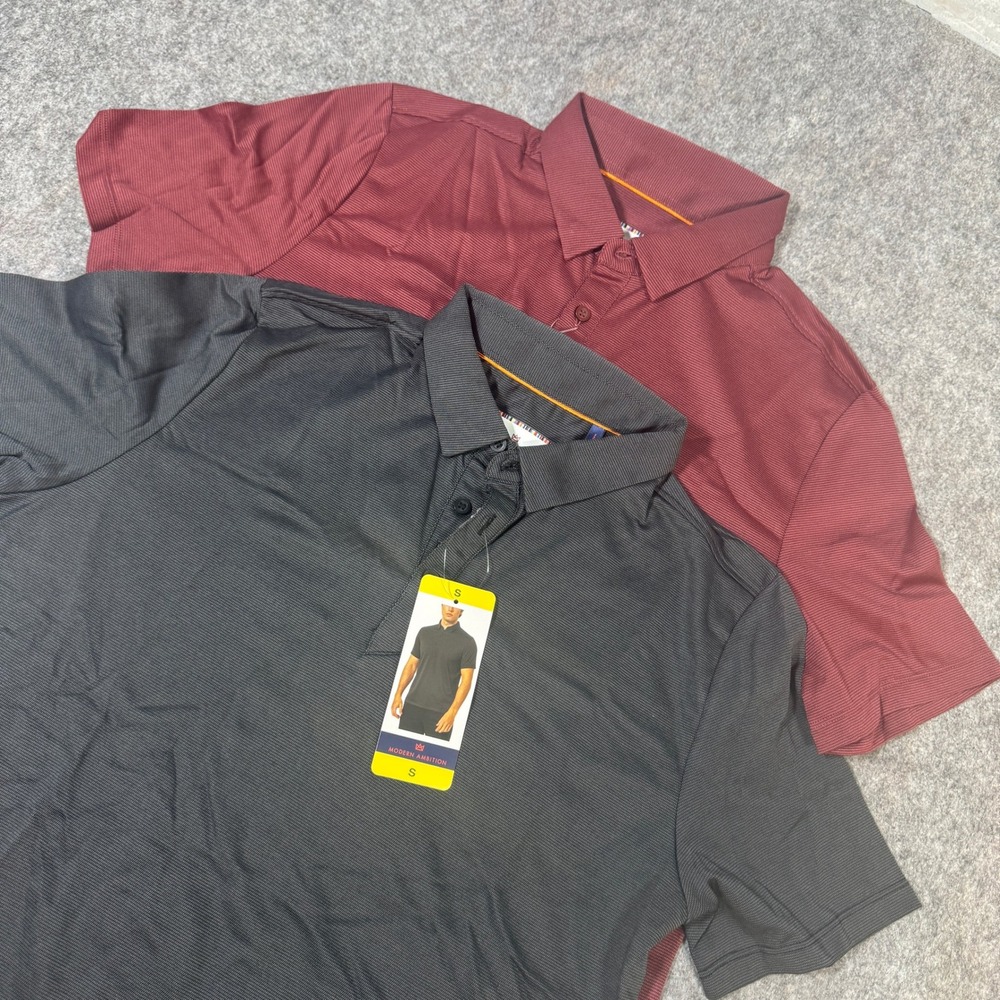 Modern Ambition Mens 2 Pack Technical Polo Shirts Grey Burgundy Small New NWT